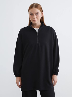 LC Waikiki Siyah Soft Touch Oversize Kadın Sweatshirt Tunik