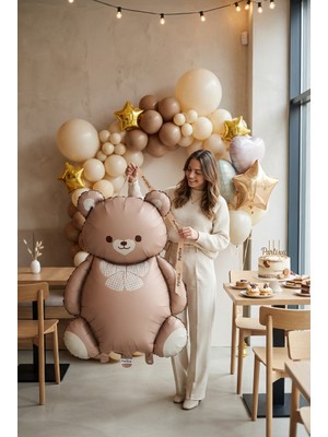 Partixa Retro Krem Fiyonklu Kahverengi Ayıcık Folyo Balon Baby Shower