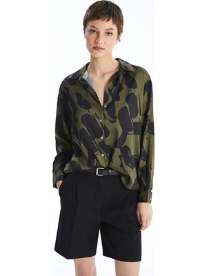 LC Waikiki Yeşil Desenli Oversize Saten Kadın Gömlek