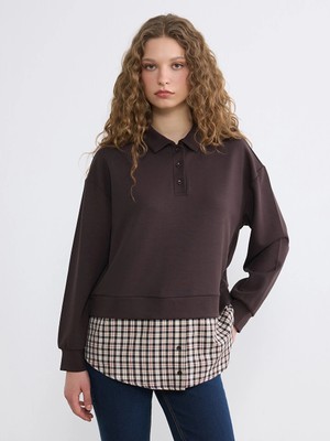 LC Waikiki Kahverengi Gömlek Yaka Ekoseli Kadın Sweatshirt Tunik