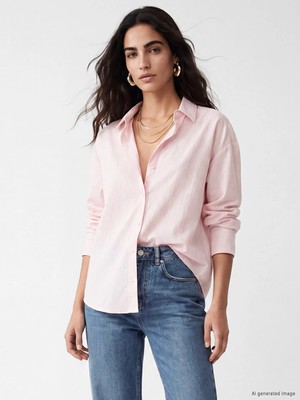 LC Waikiki Pembe Çizgili Oversize Kadın Gömlek