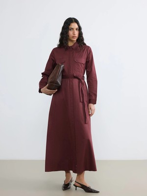 LC Waikiki Bordo Kuşaklı Poplin Gömlek Elbise