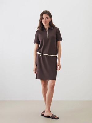 LC Waikiki Kahverengi Polo Yaka Mini Elbise