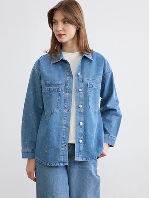 LC Waikiki Indigo Taşlı Kadın Gömlek Ceket
