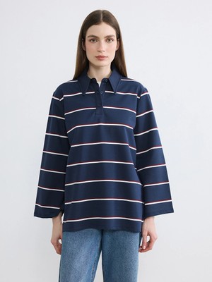 LC Waikiki Lacivert Polo Yaka Çizgili Oversize Kadın Tunik