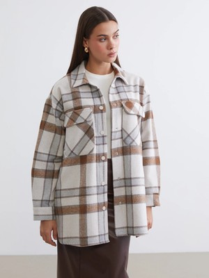 LC Waikiki Kahverengi Ekose Oversize Kadın Kaşe Gömlek Ceket