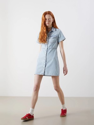 LC Waikiki Mavi Gömlek Yaka Mini Jean Elbise