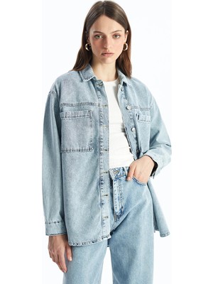LC Waikiki Indigo Düz Uzun Kollu Kadın Jean Gömlek Ceket