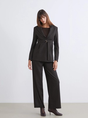 LC Waikiki Kahverengi Loose Fit Çizgili Kadın Pileli Pantolon