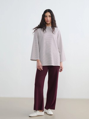 LC Waikiki Bordo Beli Lastikli Geniş Paça Kadın Triko Pantolon