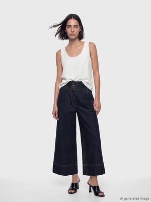 LC Waikiki Lacivert Yüksek Bel Crop Wideleg Kadın Jean Pantolon
