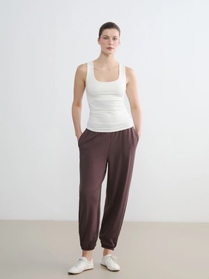 LC Waikiki Kahverengi Beli Lastikli Çizgili Kadın Jogger Pantolon