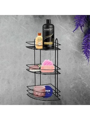 Fadem Store Oval 3 Katlı Banyo Duş Rafı, Siyah Renk
