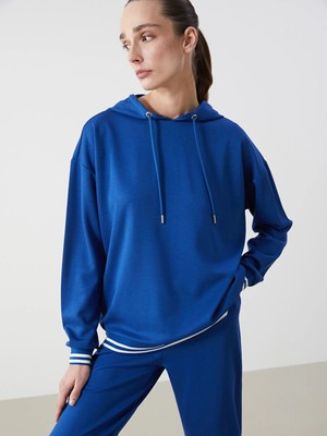LC Waikiki Mavi Kapüşonlu Oversize Kadın Tişört