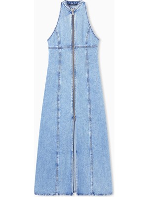 Armani Exchange Kadın Denim Kumaş Kolsuz Fermuar Kapama Uzun Boy Mavi Elbise XW002261 AF21338-MB001