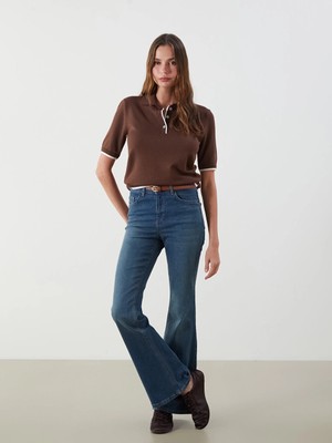 LC Waikiki Indigo Beli Kemerli Mars Flare Kadın Jean Pantolon