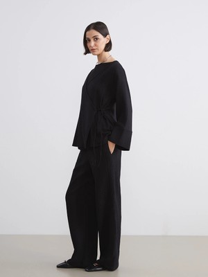 LC Waikiki Siyah Beli Lastikli Dokulu Müslin Kadın Pantolon