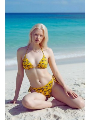 Lespadon Akdeniz Gündoğumu ve Kılıç Balığı Desenli Premium Bağcıklı Bandeau Bikini Üstü