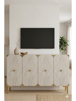 Ceneyra KA1297BTG Alfa Konsol ve Tv Sehpası Beyaz-Traverten-Gold 120CM