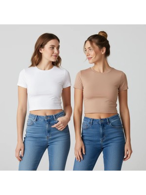 Bonbon Kadın 2 Adet Bisilet Yaka Kısa Kollu Basic Tshirt BB2499