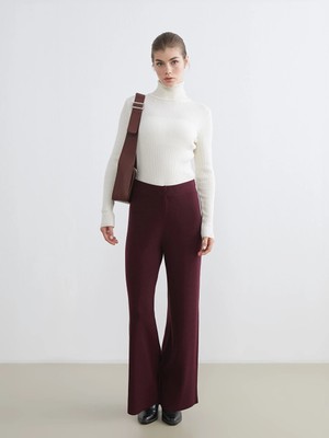 LC Waikiki Bordo Beli Lastikli Geniş Paça Kadın Triko Pantolon