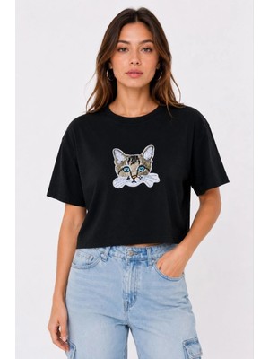 Alfanora Kadın Kedi Baskılı Oversize Crop Tişört Salaş Basic Yarım Kol T-Shirt - Siyah
