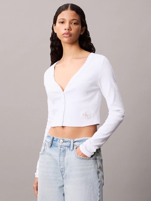Calvin Klein Kadın Örme Triko Normal Kalıp Düğme Kapamalı Uzun Kollu Crop Beyaz Bluz LV047C204G-YAA
