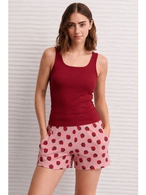 Nisanca Kadın Çilek Desenli Şortlu Pijama Takımı Bordo Basic Atletli Ev Giyim- Rahat Yazlık Takım