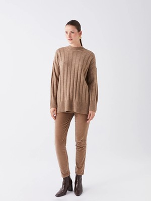 LC Waikiki Kahverengi Normal Bel Dar Fit Düz Kadife Kadın Pantolon
