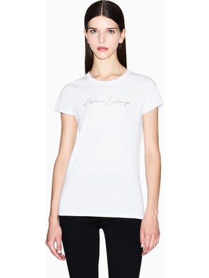 Armani Exchange Kadın Bisiklet Yaka Kısa Kol Pamuklu Önü Yazı Desenli Beyaz T-Shirt XW001457 AF10356-U0002