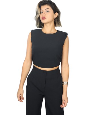 Kadın Kolsuz Beli Lastikli Crop Siyah Bluz NAAR91323-SİYAH