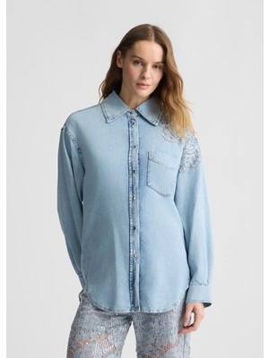 Liu Jo Kadın Gömlek Yaka Omuz Kısmı Taş Işlemeli Uzun Kol Denim Kumaş Lacivert Gömlek UA5128D4851-78826