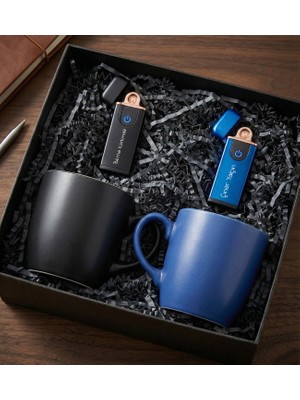 vegahediye v vega Kişiye Özel Siyah & Mavi 2'li USB Çakmak & 2'li Siyah & Mavi Kupa Hediye Seti (Siyah-Mavi)