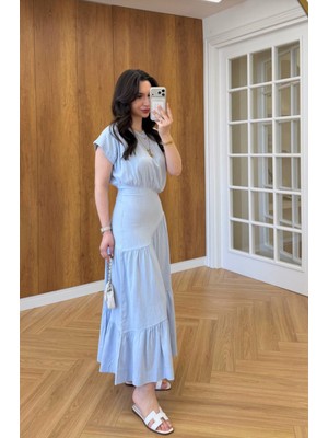 Ans Butik Kadın Omzu Vatkalı Mavi Keten Elbise