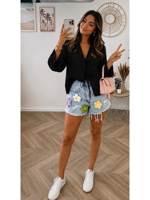 Cng Moda Kısa Önden Bağlamalı Crop Kimono
