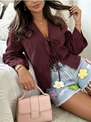 Cng Moda Kısa Önden Bağlamalı Crop Kimono
