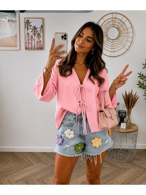 Cng Moda Kısa Önden Bağlamalı Crop Kimono