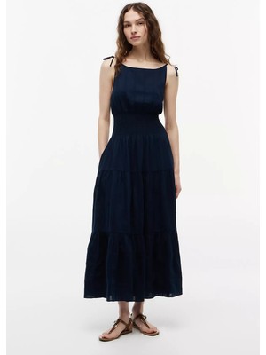 Tommy Hilfiger Kadın Ip Askılı Beli Büzgülü Pamuk Karışımlı Midi Boy Lacivert Elbise WW0WW51052-C1G