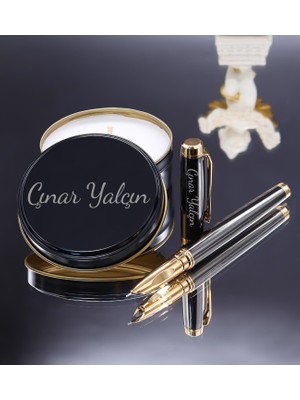 vegahediye v vega Kişiye Özel Füme Detaylı Dolma Kalem & Siyah Metal Kutulu Mum Hediye Seti