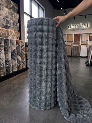 DMR Halıcılık Kırık Antrasit Yumuşak Bubble Tavşan Tüyü Kaymaz Özel Taban Peluş Halı Yolluk