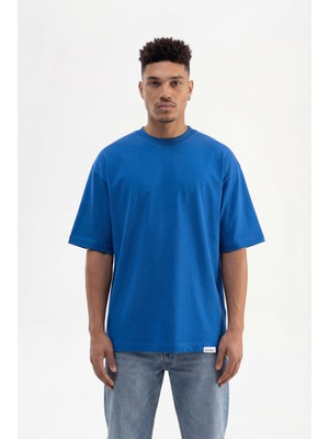 Machinist Erkek Basic Pamuklu Super Oversize Tişört Saks Mavi