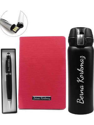 vegahediye v vega Kişiye Özel Kilitli Termos & 32 GB Siyah USB Kalem & Kırmızı Defter Hediye Seti (Model 1)