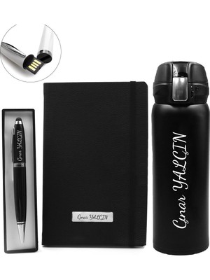 vegahediye v vega Kişiye Özel Kilitli Çelik Termos & 32 GB Siyah USB Touchpen Kalem & Siyah Defter Hediye Seti (Model 1)