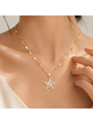 Bk Gift Yıldız Figürlü Taşlı Kadın Kolye - Kararma Yapmayan Gold Çelik Kolye