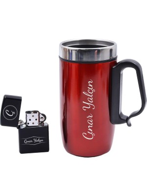 vegahediye v vega Kişiye Özel Kırmızı Bardak Termos & Kişiye Özel Zippo Tarzı Çakmak Hediye Seti (Model 1)