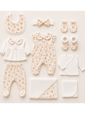 Pufien Ay Müslin Yenidoğan 10'lu Set, Örtü, Battaniye, Tulum, Eldiven ve Patik, Çiçekli