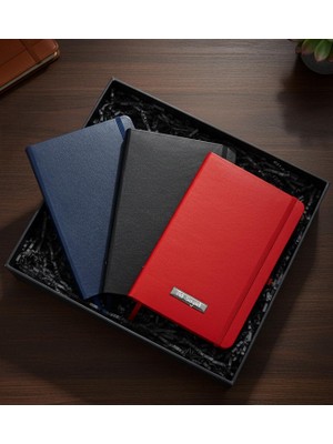 vegahediye v vega Özel Kutusunda 3 Renk Kişiye Özel Defter Hediye Seti (Siyah Defter & Mavi Defter & Kırmızı Defter)