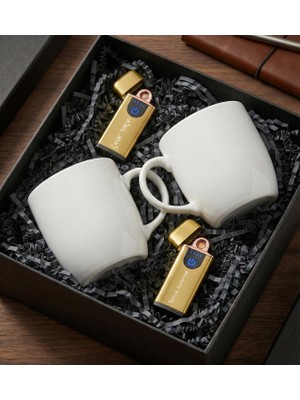 vegahediye v vega Kişiye Özel 2'li Sarı USB Çakmak & 2'li Beyaz Kupa Hediye Seti