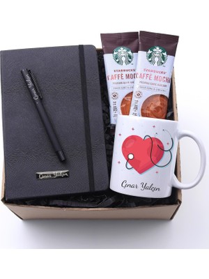 vegahediye v vega Sağlık Çalışanlarına Özel Baskılı Kupa & Kişiye Özel Siyah Defter & Siyah Roller Kalem & 2'li Caffe Mocha Hediye Seti