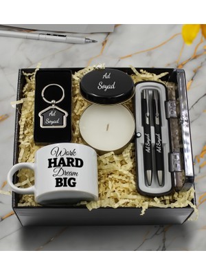 vegahediye v vega Work Hard Dream Big Motto Fincan & Ev Anahtarlık & Metal Kutulu Mum & Versatil ve Tükenmez Kalem Hediye Seti
